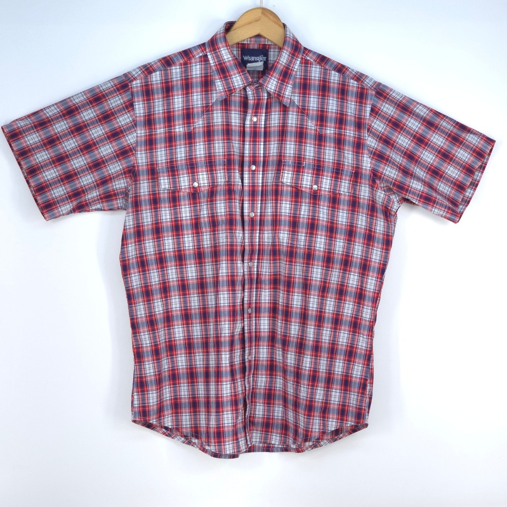 Vintage Wrangler Pearl Snap Western Plaid Shirt Men's Large Cowboy Short Sleeve